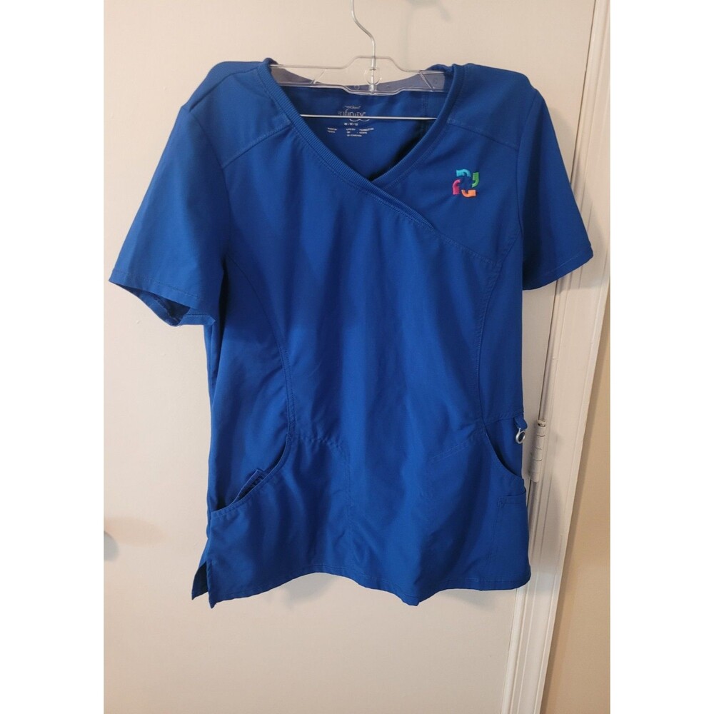 Cherokee Infinity Scrub Top Women's Sz Medium Blue Short Sleeve Mock Wrap
